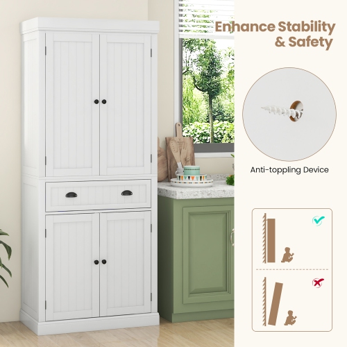 Gymax 72'' Kitchen Pantry Storage Cabinet Tall Freestanding Cupboard w/ 4 Doors Large Drawer White