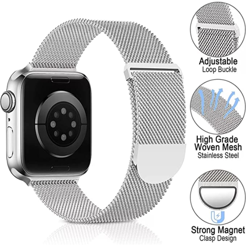 Apple Watch Series 10 / 9 / 8 / 7 / 6 / 5 / 4 / 3 / 2 / 1 / SE Adjustable Magnetic Band, Stainless Steel Mesh Replacement Strap Wristband for Men &