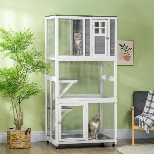 PawHut 74"H Wooden Catio Cat Enclosure, Indoor Outdoor Kitten House with Weatherproof Asphalt Roof & Brake Wheels, Luxury Kitten Condo Cage for