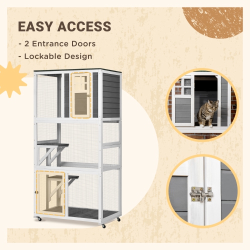 PawHut 74"H Wooden Catio Cat Enclosure, Indoor Outdoor Kitten House with Weatherproof Asphalt Roof & Brake Wheels, Luxury Kitten Condo Cage for