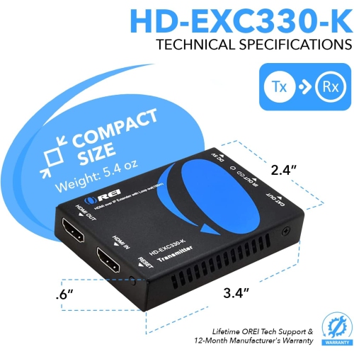 HDMI Extender Over CAT5/CAT6 by OREI with IR Upto 330 Feet - Loop Out - 1080P Full HD Signal Distribution - Over IP