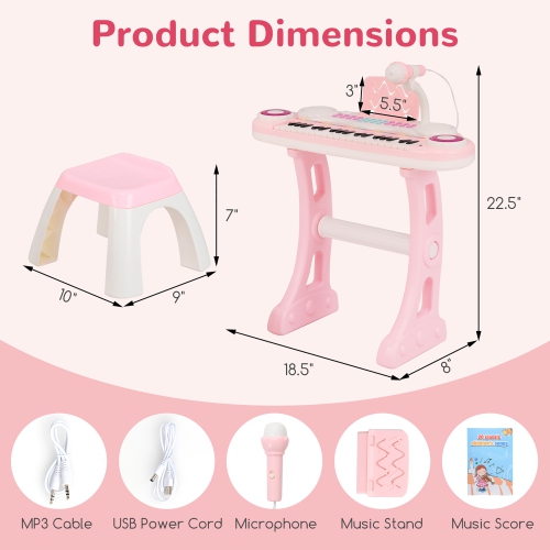 Gymax Electronic Kids Piano Toy 37 Keys Piano Keyboard w/ Detachable Legs Stool