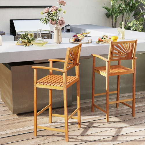 Gymax Set of 2 Outdoor Acacia Wood Bar Stools Bar Height Patio Chairs w/ Backrests