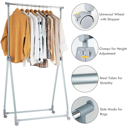 Gymax Extendable Clothing Garment Rack Heavy Duty Foldable Clothes Rack W/Hanging Rod