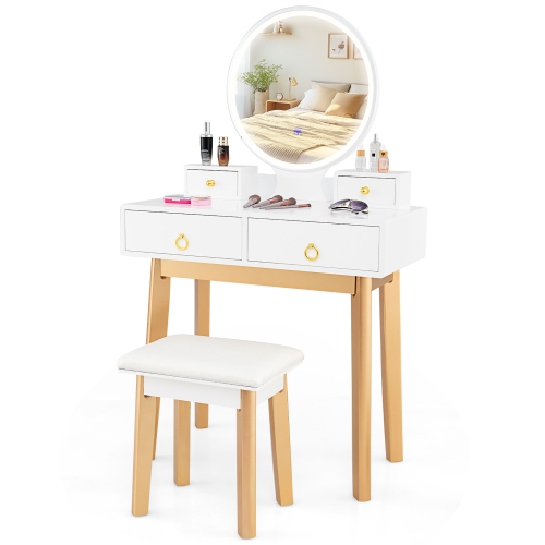 GYMAX  Makeup Dressing Vanity Table Set W/ Touch Screen Dimming Mirror