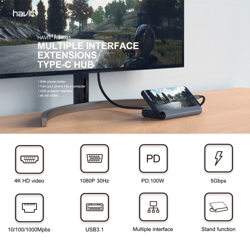 Havit 7-in-1 Type-C to USB/HDMI/PD/RJ45/VGA Multiple Interface Extensions Hub