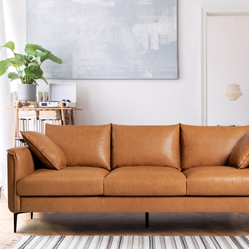 Valencia Jasper Top Grain Leather with Wooden Frame 3 Seats Sofa, Cognac Color