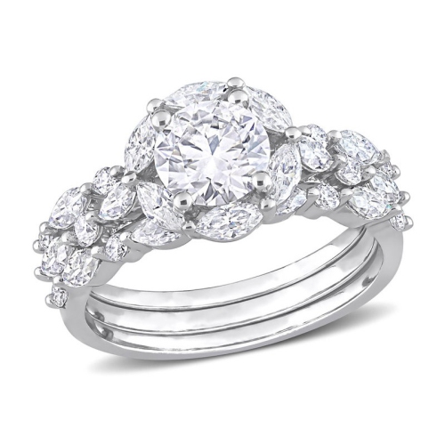 GEM AND HARMONY  2.95 Carat (Ctw) Synthetic Moissanite Floral Bridal Engagement Wedding Ring Set In Sterling In Silver