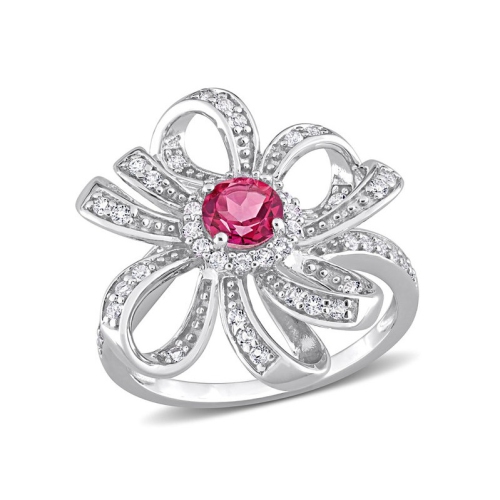 GEM AND HARMONY  1.10Carat (Ctw) Pink And Topaz Flower Ring In Sterling Silver In White