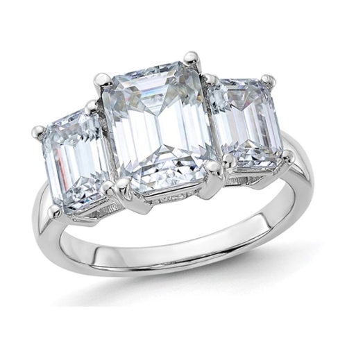 GEM AND HARMONY  4.19 Carat (Ctw) Synthetic Moissanite Three-Stone Emerald-Cut Ring In 14K Gold In White