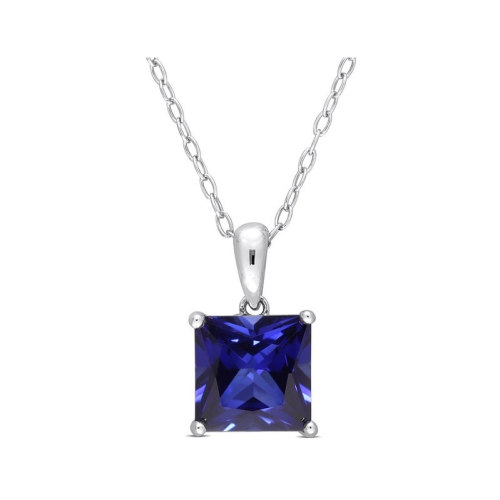 GEM AND HARMONY  3.06 Carat (Ctw) Lab-Created Sapphire Princess Solitaire Pendant Necklace In Sterling Silver With Chain In Blue