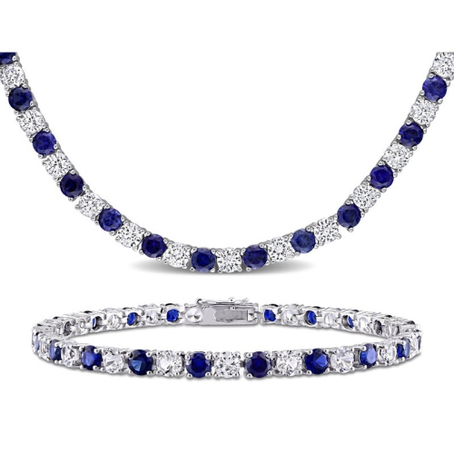 GEM AND HARMONY  47 Carat (Ctw) Lab-Created And White Sapphire Bracelet Necklace Set In Sterling Silver In Blue