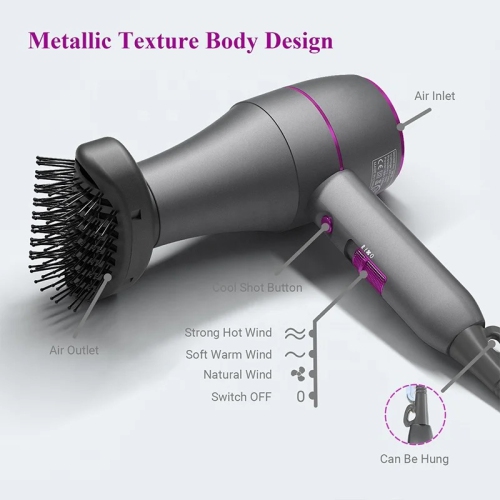 A|M Beauty Professional Hair Dryer, Compact 1800W Blow Dryer with Volumizer Brush | Comb Concentrator Styling Nozzle, Hairdryer for Quick Drying