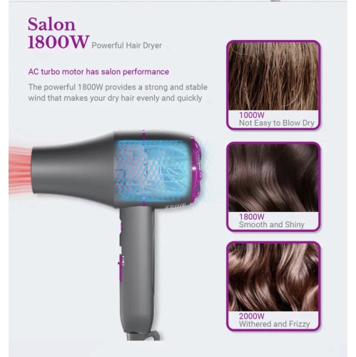 A|M Beauty Professional Hair Dryer, Compact 1800W Blow Dryer with Volumizer Brush | Comb Concentrator Styling Nozzle, Hairdryer for Quick Drying