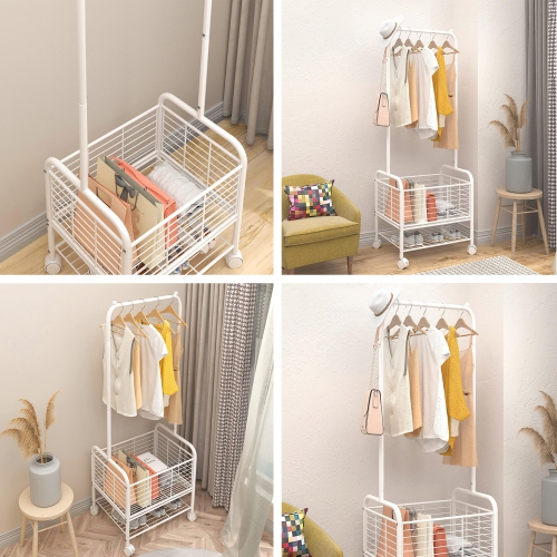 2 in 1 Clothes Rack Garment Clothing Coat Shelf with Storage basket & Bottom Rack and 4 wheels - SortWise