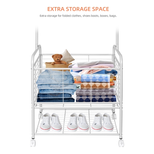 2 in 1 Clothes Rack Garment Clothing Coat Shelf with Storage basket & Bottom Rack and 4 wheels - SortWise