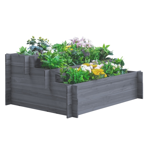 OUTSUNNY  3-Tier Wood Raised Garden Bed, Elevated Planting Box, Outdoor Vegetable Flower Container, Herb Garden Indoor Kit In Gray