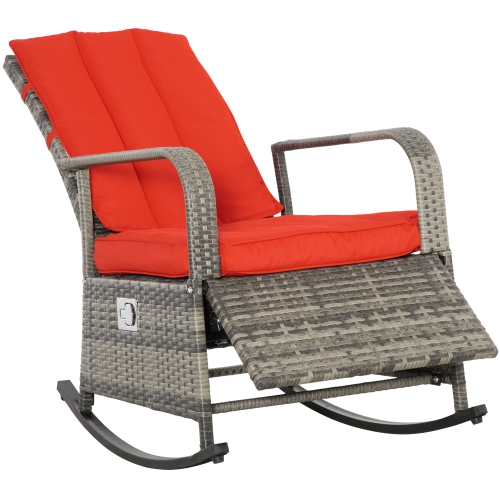 OUTSUNNY  Outdoor Wicker Rocking Chair With Cushion, Patio Pe Rattan Recliner Chair With Adjustable Footrest, Armrests In Red