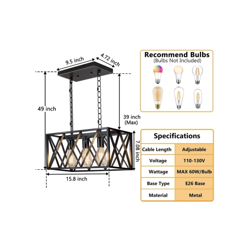 A|M Lighting – Luminaire suspendu industriel pour îlot de cuisine, luminaire suspendu rectangulaire rustique rétro à 3 lampes Pynsseu