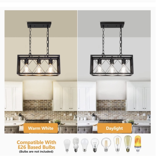 A|M Lighting – Luminaire suspendu industriel pour îlot de cuisine, luminaire suspendu rectangulaire rustique rétro à 3 lampes Pynsseu