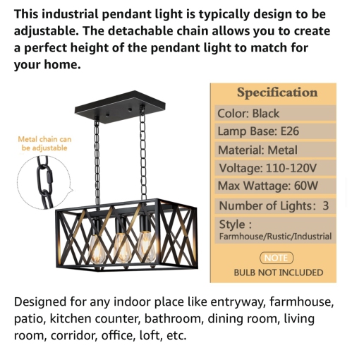 A|M Lighting – Luminaire suspendu industriel pour îlot de cuisine, luminaire suspendu rectangulaire rustique rétro à 3 lampes Pynsseu