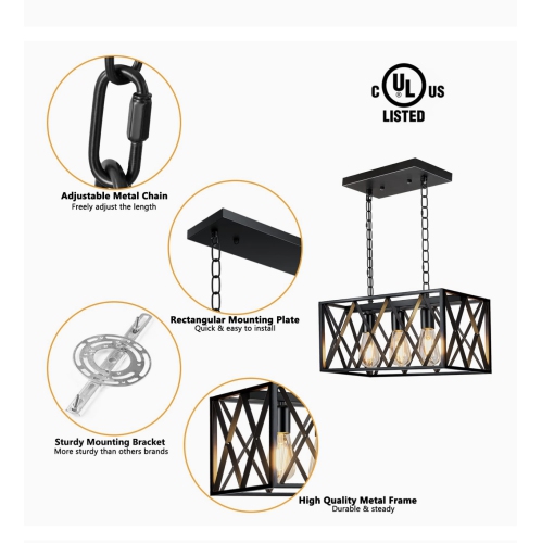 A|M Lighting – Luminaire suspendu industriel pour îlot de cuisine, luminaire suspendu rectangulaire rustique rétro à 3 lampes Pynsseu