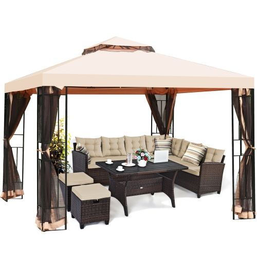 Gymax 10x10ft Metal Gazebo W/ Mosquito Netting Canopy Gazebo 2 Tier Vented Gazebo Top