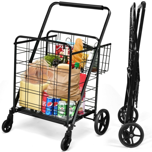 Gymax Heavy Duty Folding Shopping Cart Utility Jumbo Double Basket 330lbs