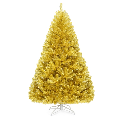 Gymax 6FT Tinsel Christmas Tree Artificial Hinged w/ Metal Stand Champagne Gold