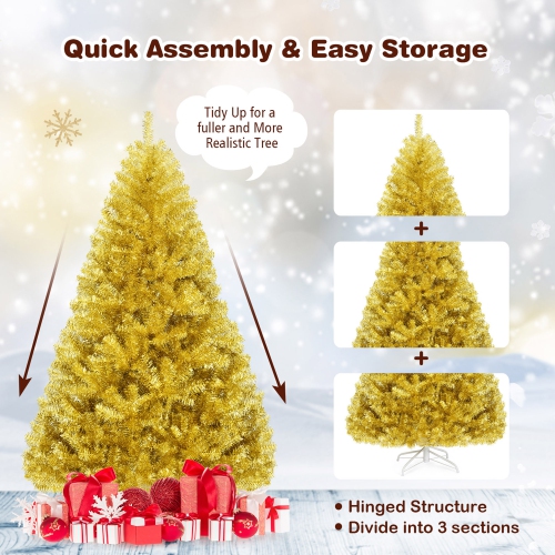 Gymax 6FT Tinsel Christmas Tree Artificial Hinged w/ Metal Stand Champagne Gold