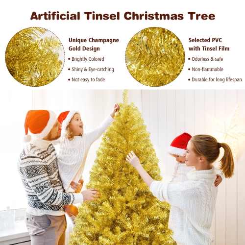 Gymax 6FT Tinsel Christmas Tree Artificial Hinged w/ Metal Stand Champagne Gold