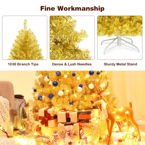 Gymax 6FT Tinsel Christmas Tree Artificial Hinged w/ Metal Stand Champagne Gold