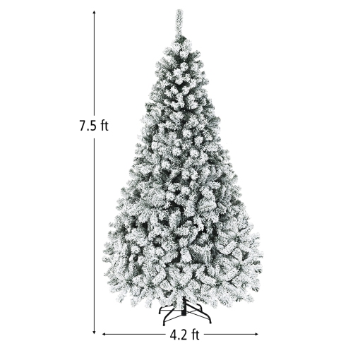 Gymax 7.5 FT Pre-Lit Christmas Tree Snow Flocked Hinged Pine Tree w/ Metal Stand