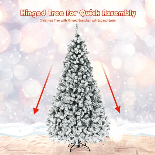 Gymax 7.5 FT Pre-Lit Christmas Tree Snow Flocked Hinged Pine Tree w/ Metal Stand