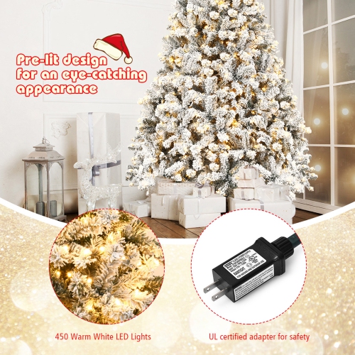 Gymax 7.5 FT Pre-Lit Christmas Tree Snow Flocked Hinged Pine Tree w/ Metal Stand