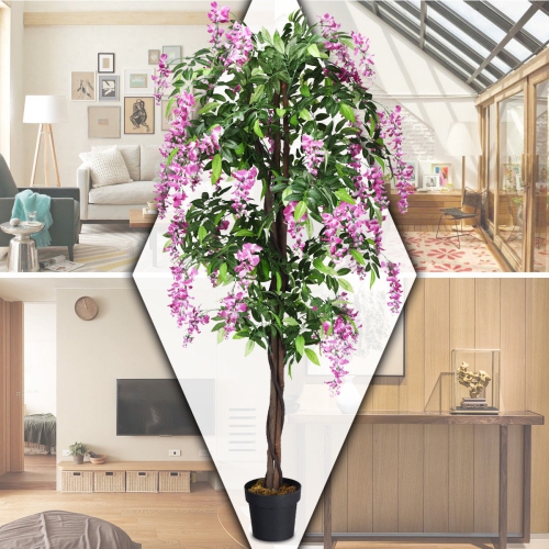 Gymax Artificial Wistera Silk Tree Pink Flower 6 Feet Home Holiday Decor