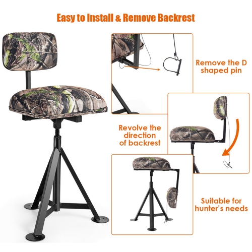Gymax Swivel Hunting Chair Tripod Blind Stool w/ Detachable Backrest Outdoor Camping