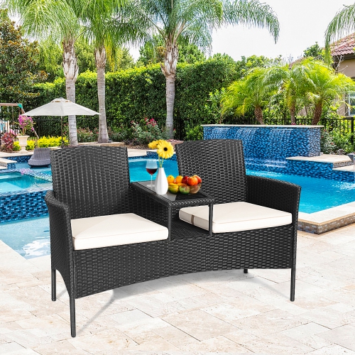Gymax One piece Rattan Sofa Set Garden Lawn conjoined Cushioned Seat Furniture