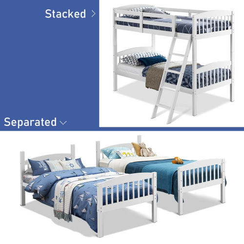 Gymax Wood Hardwood Twin Bunk Beds Convertible into 2 Individual Kid Bed Ladder White