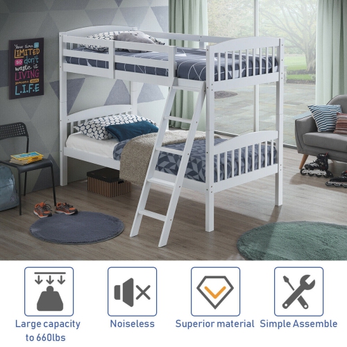 Gymax Wood Hardwood Twin Bunk Beds Convertible into 2 Individual Kid Bed Ladder White