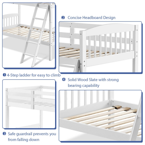 Gymax Wood Hardwood Twin Bunk Beds Convertible into 2 Individual Kid Bed Ladder White