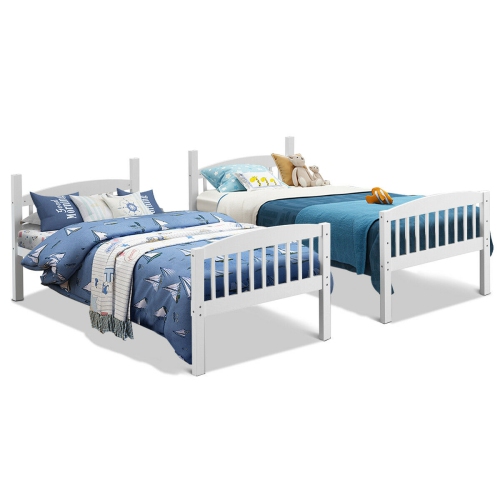 Gymax Wood Hardwood Twin Bunk Beds Convertible into 2 Individual Kid Bed Ladder White