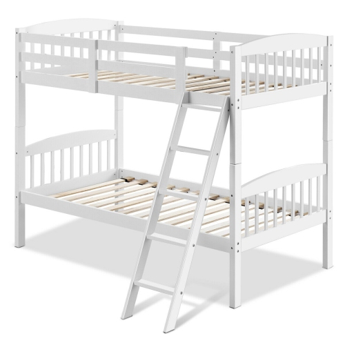 Gymax Wood Hardwood Twin Bunk Beds Convertible into 2 Individual Kid Bed Ladder White