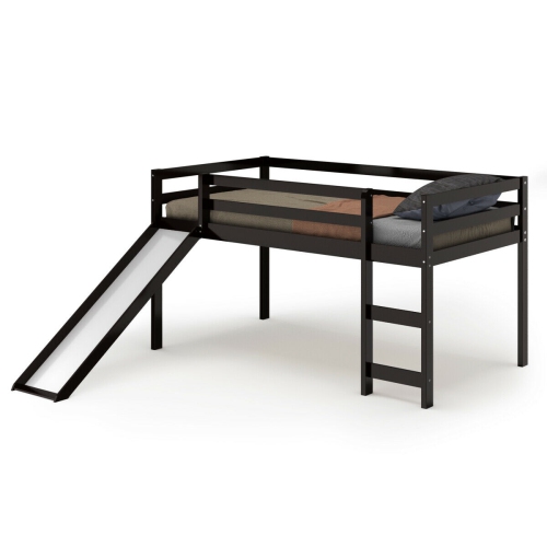 GYMAX  Twin Size Loft Bed W/ Slide Wood Low Sturdy Kids Bedroom Espresso