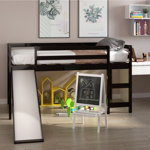Gymax Twin Size Loft Bed w/ Slide Wood Low Sturdy Kids Bedroom Espresso
