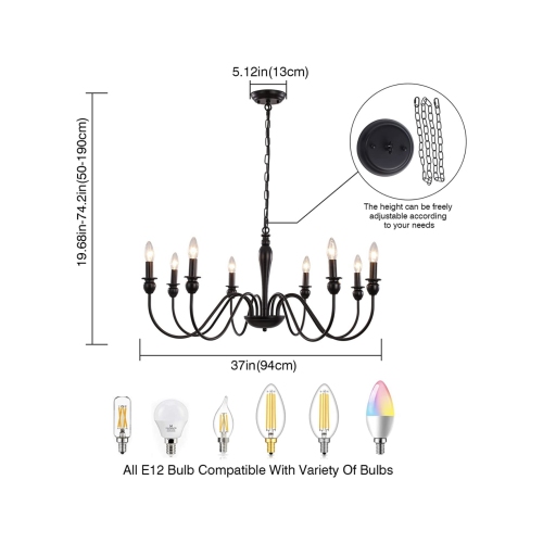 A|M Lighting Black Chandelier, 8 Light Farmhouse Candle Chandelier