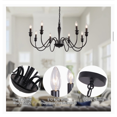 A|M Lighting Black Chandelier, 8 Light Farmhouse Candle Chandelier