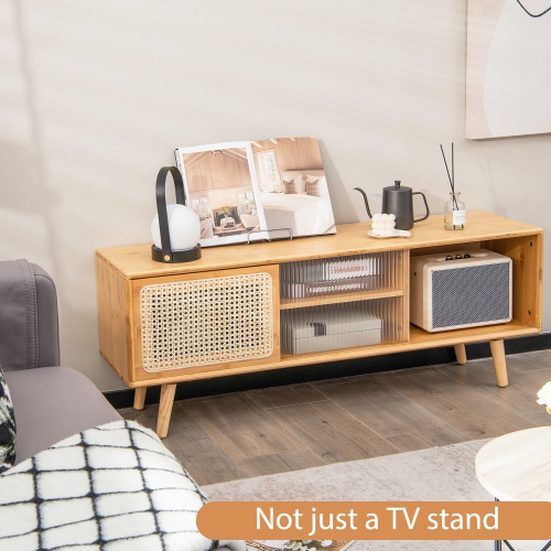 Costway Modern TV Stand Entertainment Center Media Console w/Rattan Glass Sliding Doors