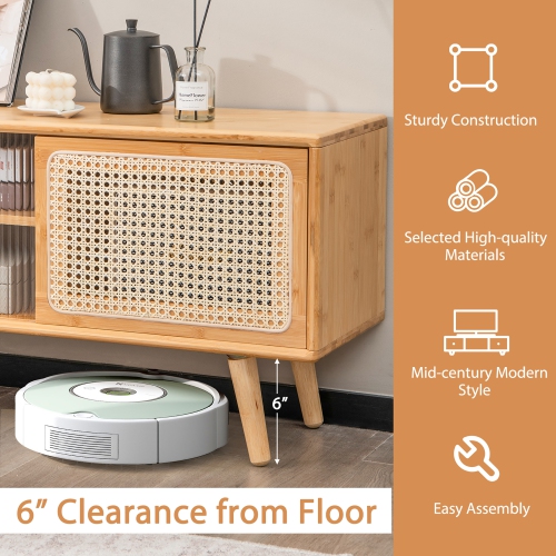 Costway Modern TV Stand Entertainment Center Media Console w/Rattan Glass Sliding Doors