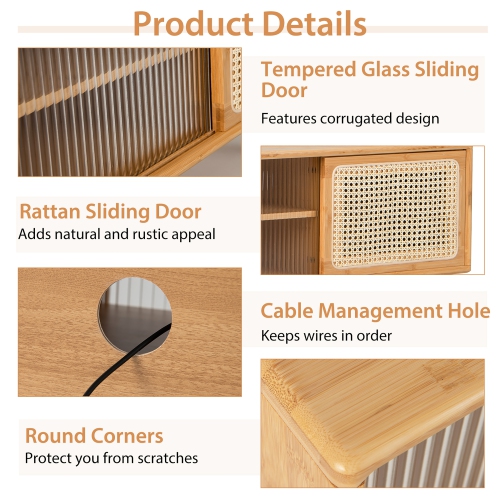 Costway Modern TV Stand Entertainment Center Media Console w/Rattan Glass Sliding Doors